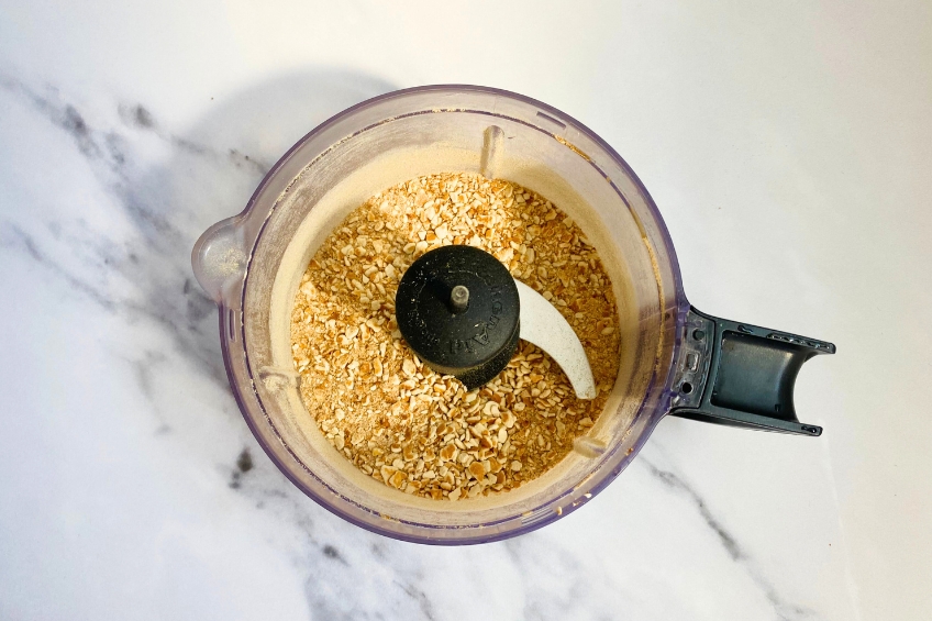 Pretzel crumbs in a food processor
